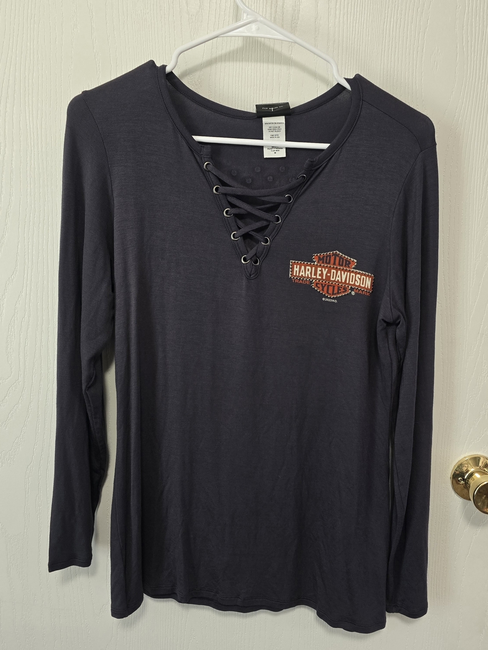Harley-Davidson Black Lace-Up V-Neck Long Sleeve Top with Chest Patch